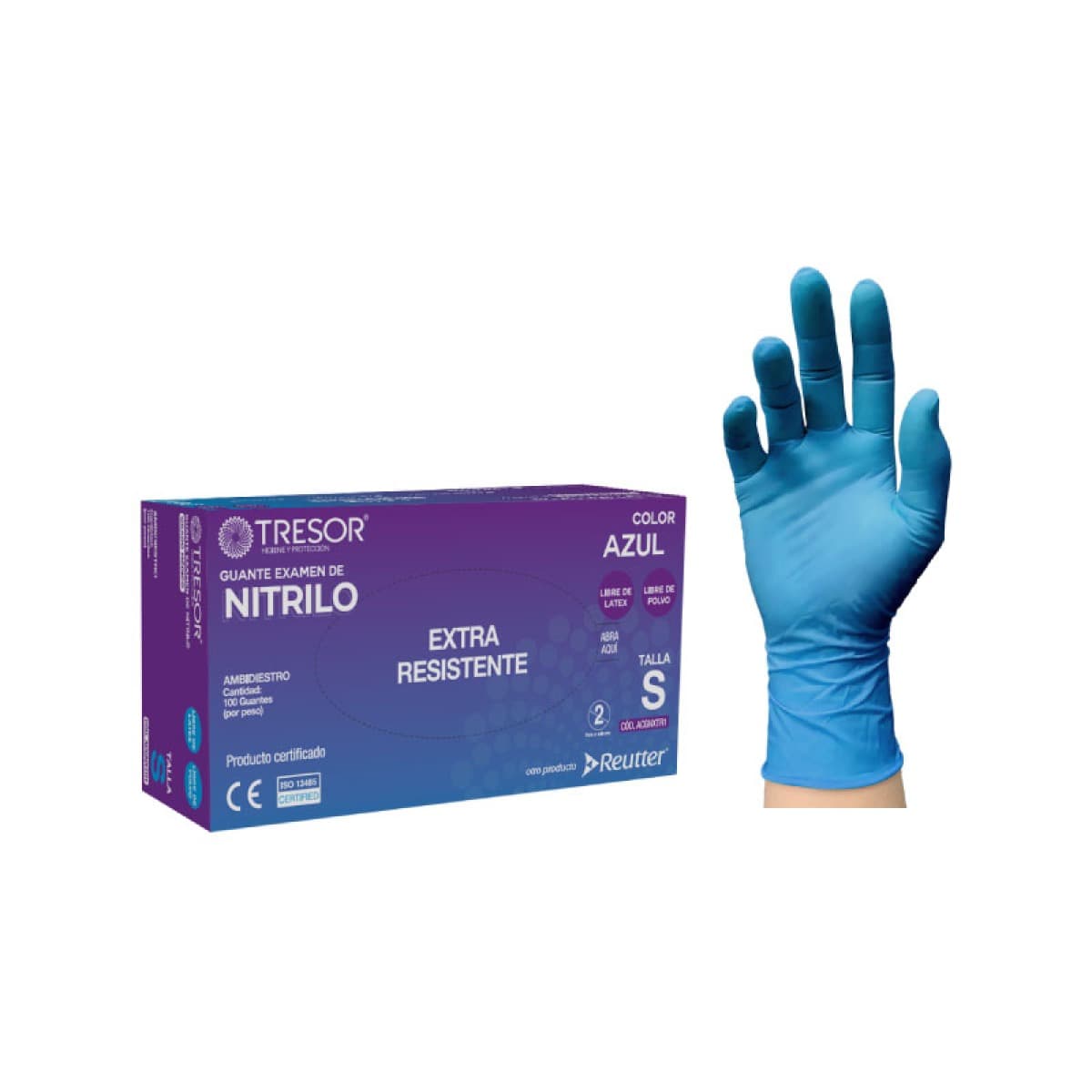 GUANTE EXAMEN DE NITRILO EXTRA RESISTENTE LIBRE DE POLVO AZUL S