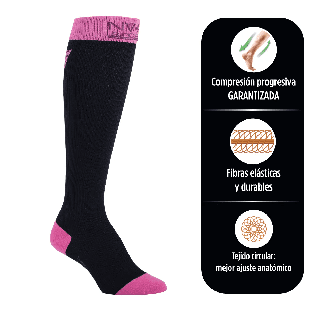CALCETIN NV-X SPORT 15-20 MMHG DAMA NEGRO/ ROSADO LG